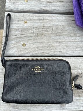 Coach Black Pebbled Leather Wristlet with Gold Hardware